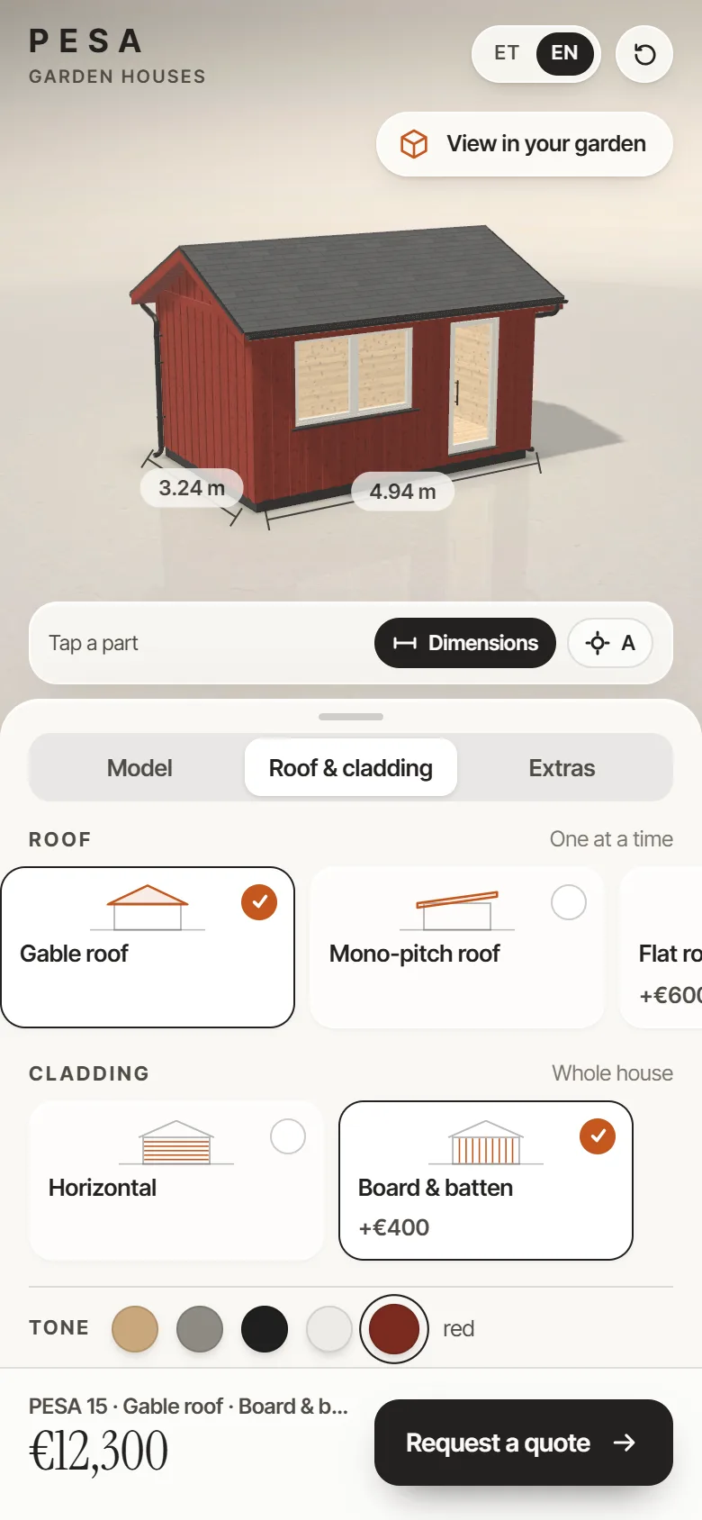 Garden house configurator on a phone with an AR button