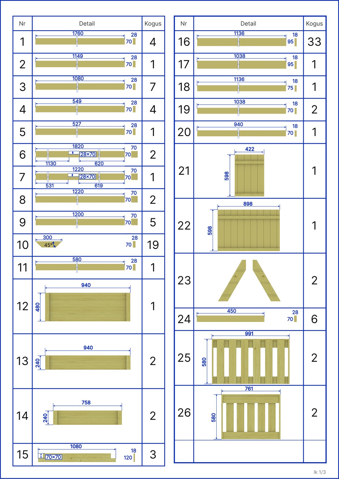 Detailide loend — positsioonid 1 kuni 26