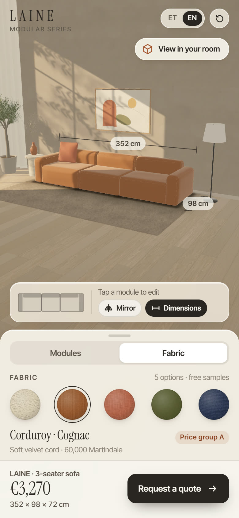 The sofa configurator on a phone: a three-seater in cognac corduroy, fabric options below