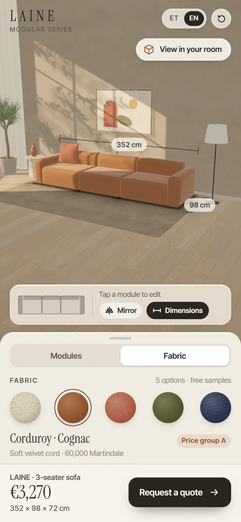 Sofa configurator on a phone — view in your room