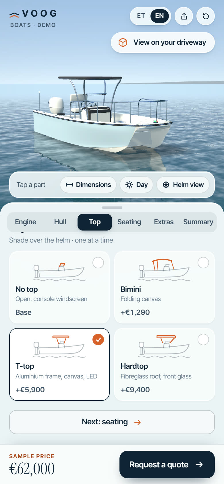 The boat configurator on a phone: an ice-blue catamaran with a T-top on the water, top options below