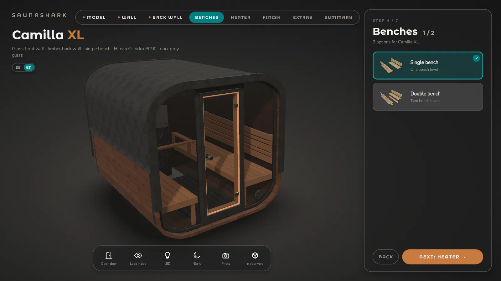 Sauna configurator on desktop